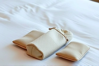 Foldable slippers and travel pouch on hotel bed.